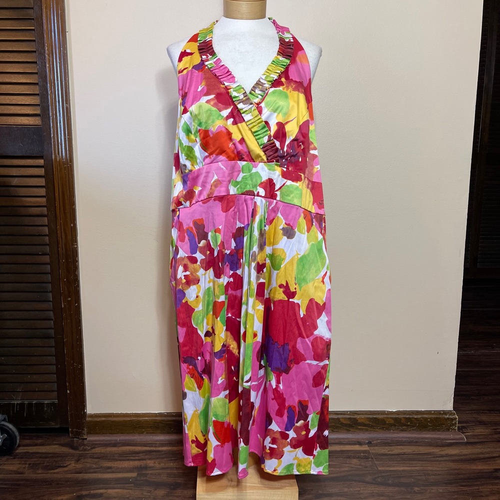 NWT Blu Sage Womens 20W Floral Halter Maxi Dress Ruffle V-Neck Watercolor